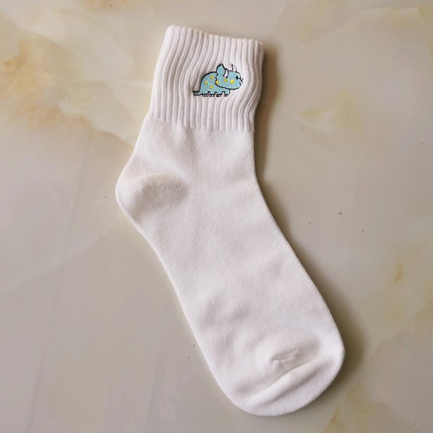 Women's Mid-Calf Cotton Socks - Embroidered Dinosaur Design for Autumn/Winter