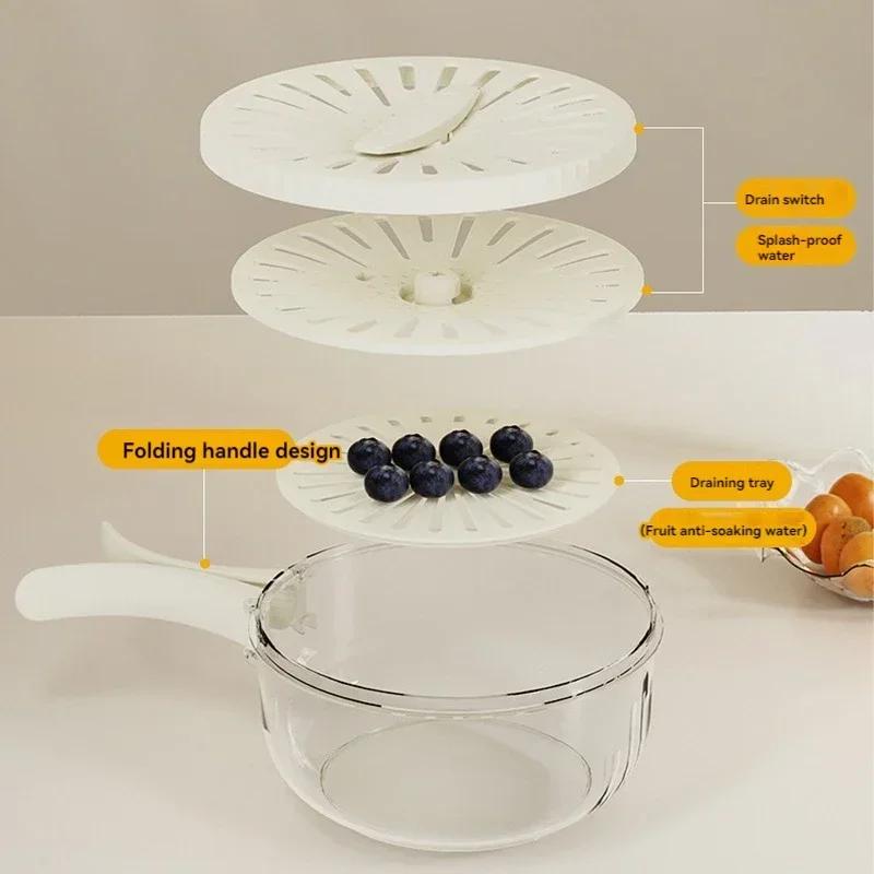 Fruit Drain Basket with Lid, Vegetable Washing Bowl, Foldable Handle, Cleaning Colander, Plastic Refrigerator Crisper, Kitchen B