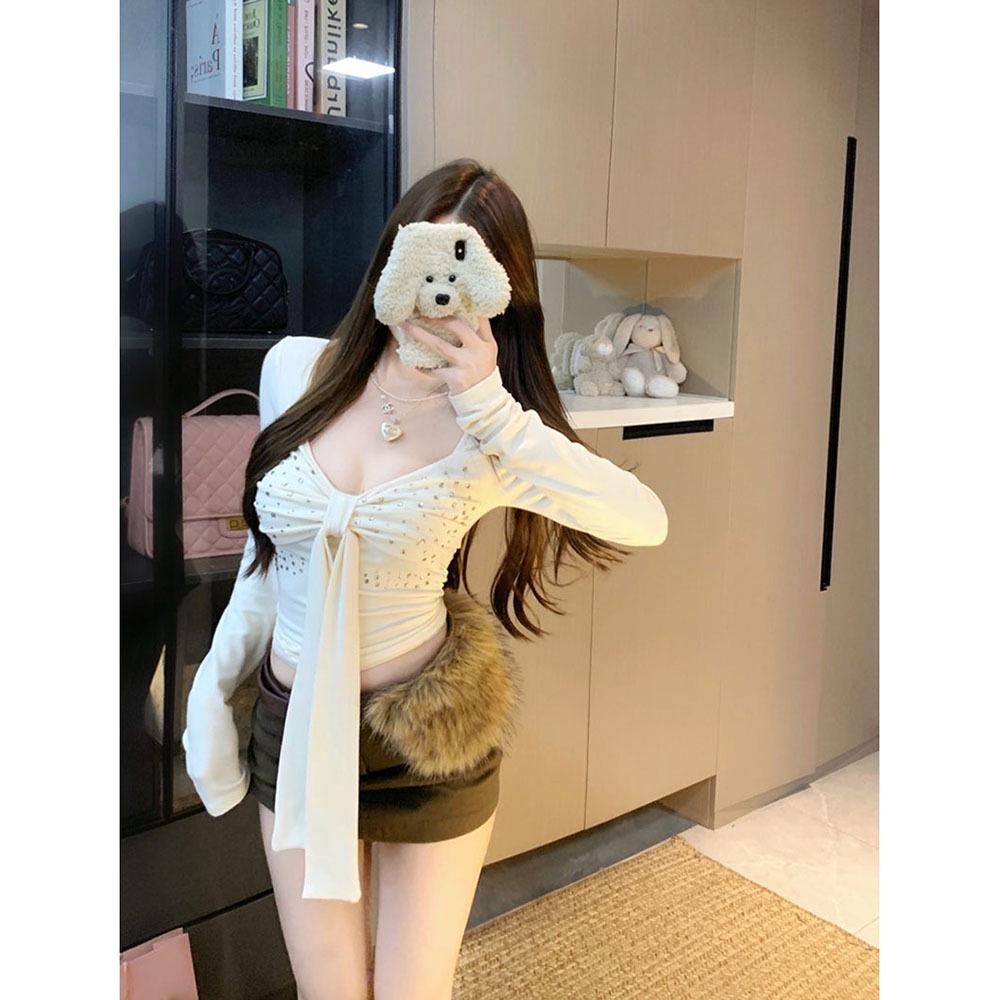 Apricot Rhinestone Long Sleeve Slimming Top - 2025 Autumn Collection Large абрикосовый