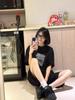 Women's Black Retro Oversized Cotton T-Shirt - Short Sleeve, Straight Shoulder, Summer Trend