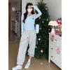 Design Embroidered Shirt Women's Top Spring Neck Waist Pleated Long Sleeve Inside Milk Blue Bottom Shirt