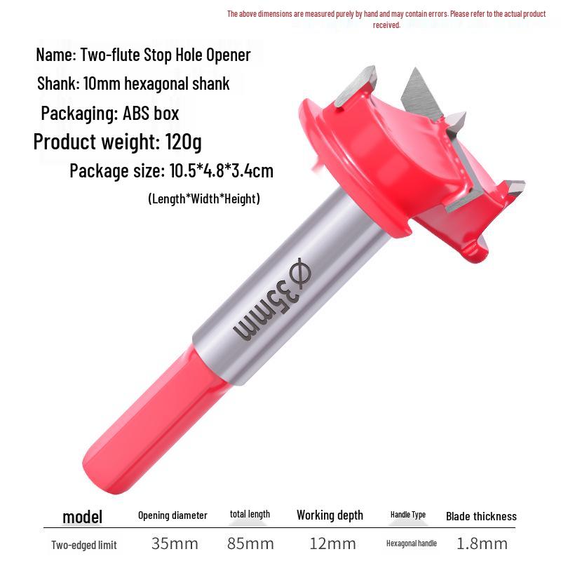 35mm Professional Double-Edge Hinge Hole Opener with Round & Hex Shank, Alloy Depth Stop