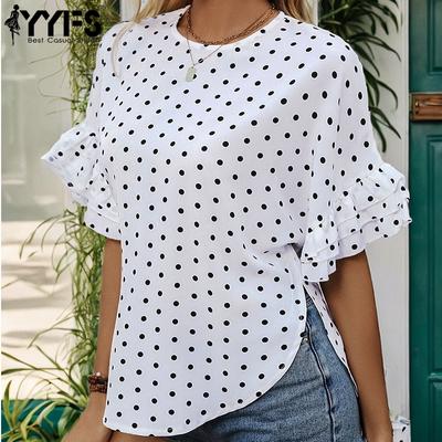Women's Fashion Casual Summer Spring Polka Dot Print Short Sleeve O-Neck Blouses & Shirts
