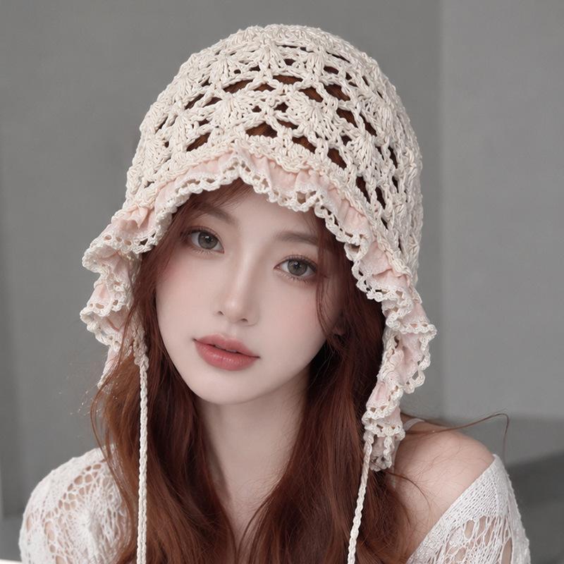 Sweet Lace Pearl Hollow Flower Knitted Hat Children's Autumn Fashion Lace Tassel Baotou Knitted Hat
