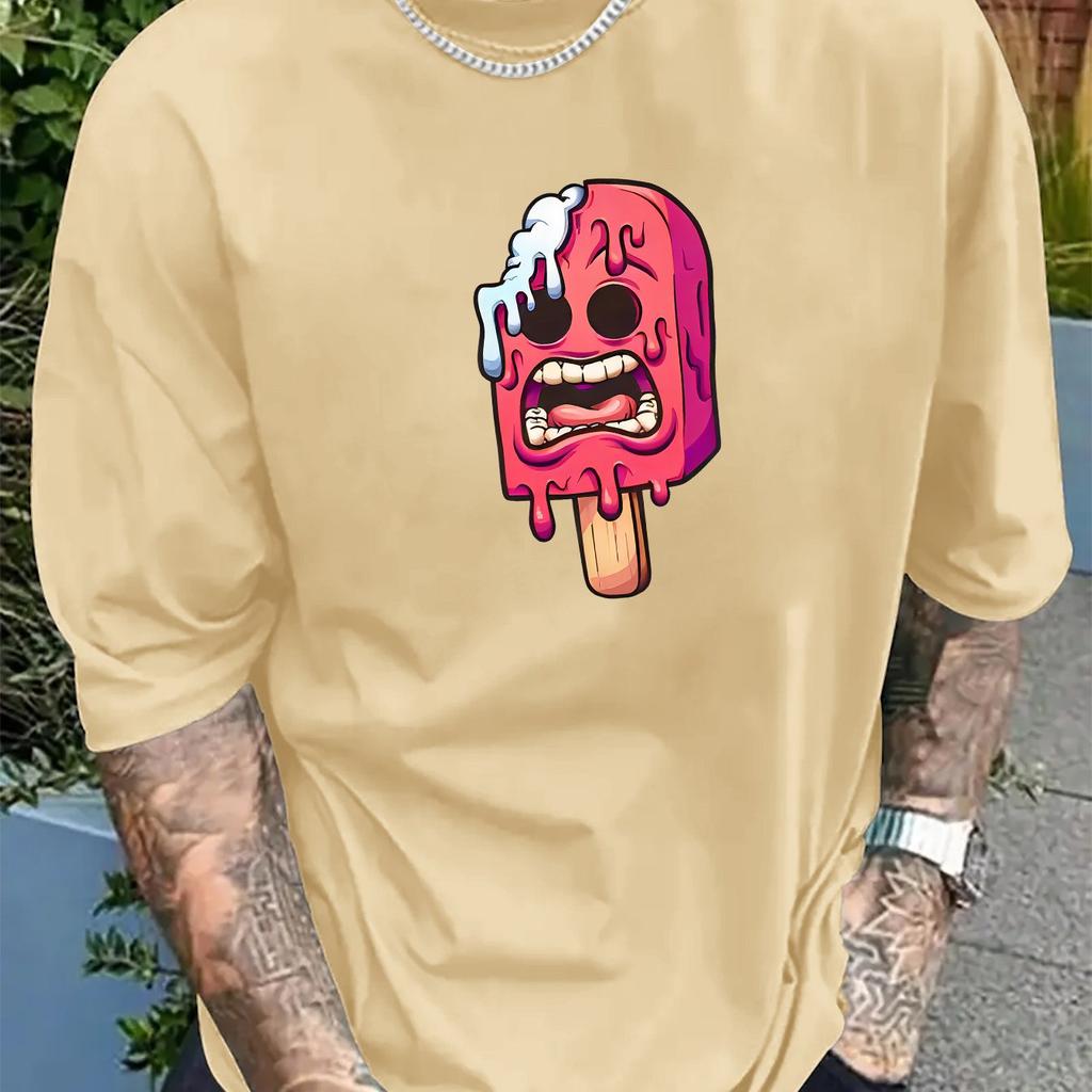 Men's Summer Cotton Fashionable Sports Loose Ice Cream Pattern Print Round Neck Short Sleeved T-shirt Top