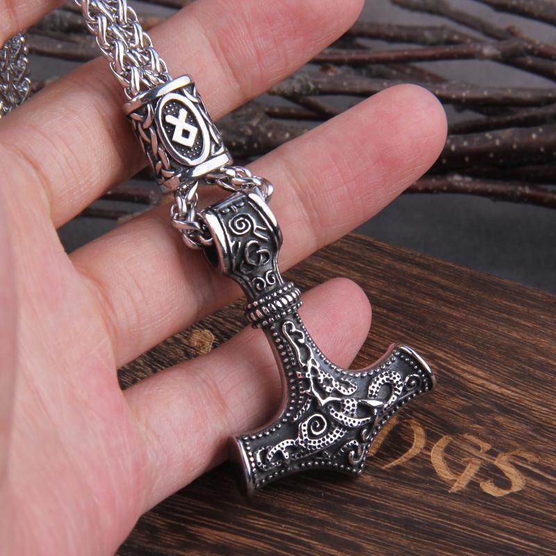 Severský Viking Thorovo Kladivo Mjolnir Náhrdelník Řetízek z Nerezové Oceli Přívěsek Vegvisir Pánské Šperky Runový Amulet