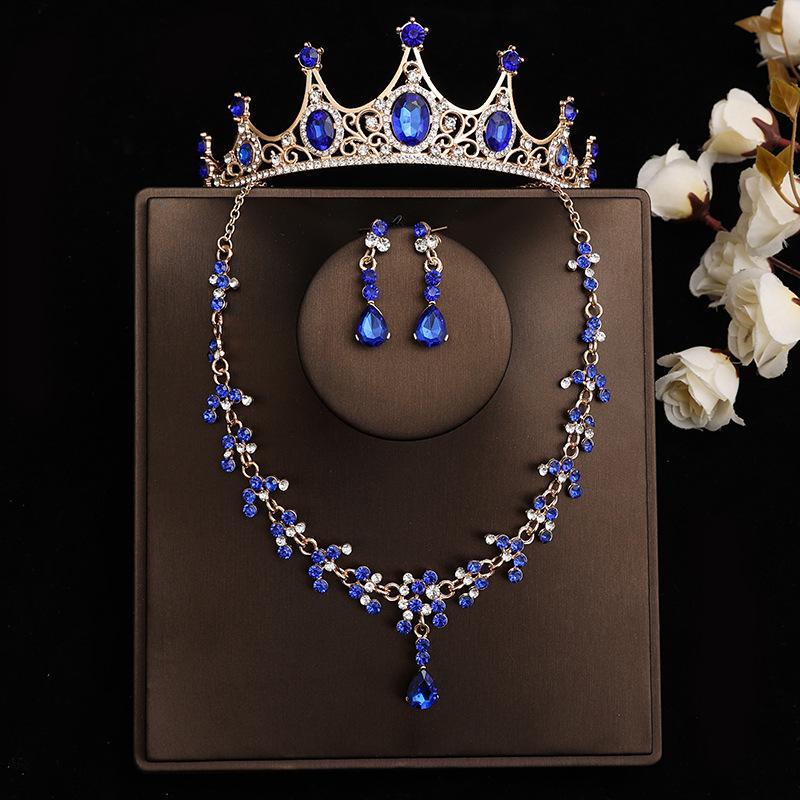 DIEZI Baroque Bridal Rhinestone Crown Tiaras For Women Wedding Princess Queen Blue Crystal Tiaras Necklace Earrings Jewelry Sets