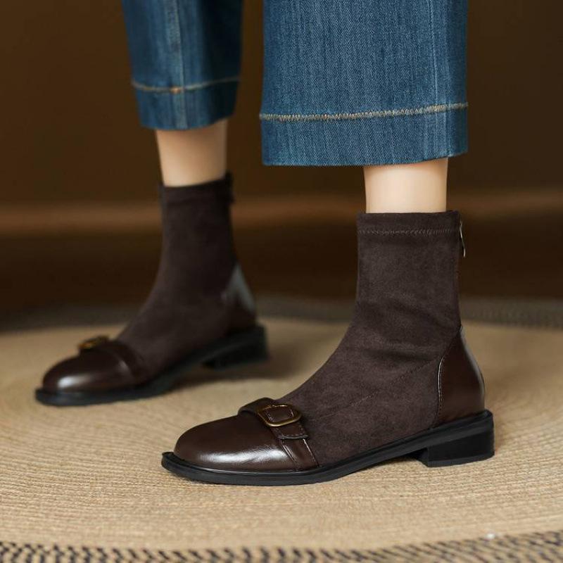 Korean version of the new rubber-soled Martin boots elastic suede solid color square heel round head autumn and winter large size zipper medium boots