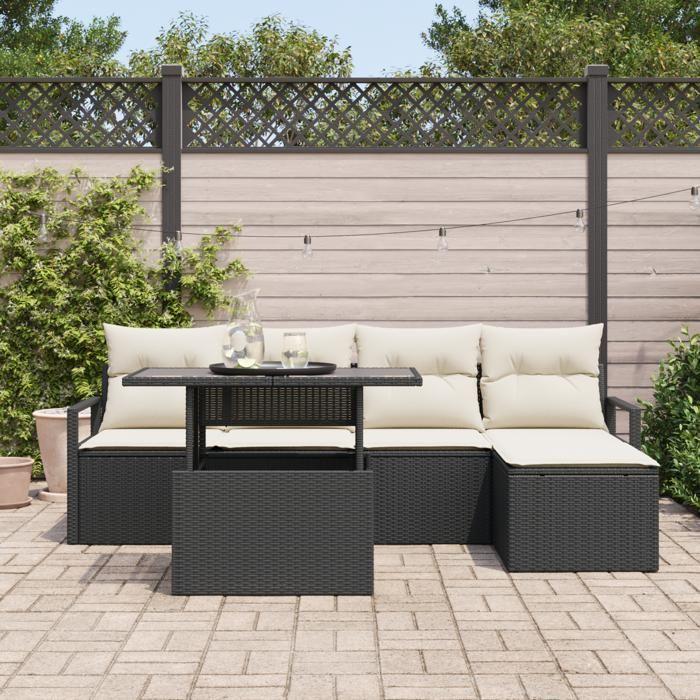 Ensemble de canapé de jardin de 6 pièces avec coussins en rattan poly noir, Canapé de jardin 2 places avec rangement 3357540