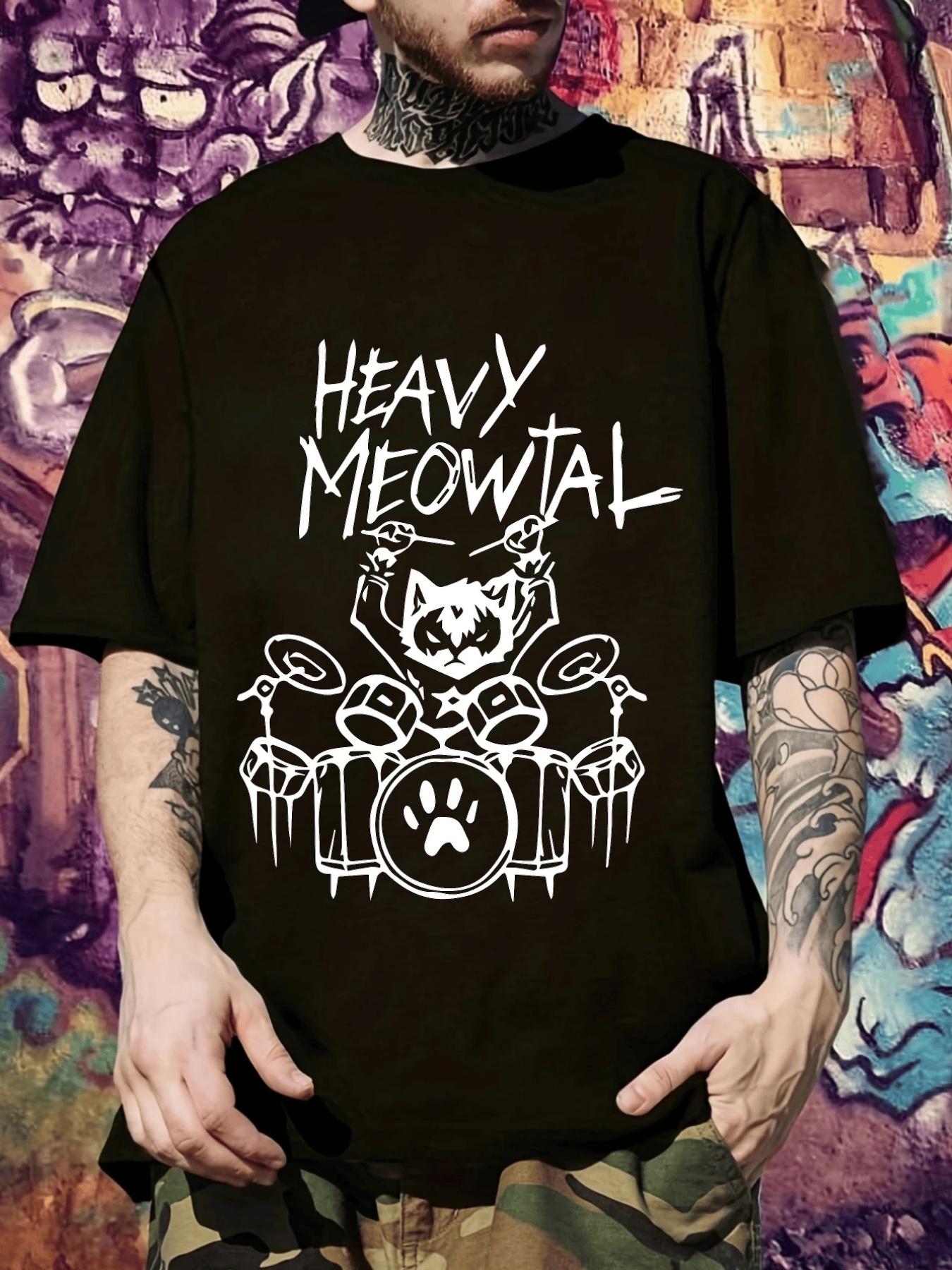 

Heavy Meowtal Graphic T-shirt - Funny Drummer Cat Band Tee M