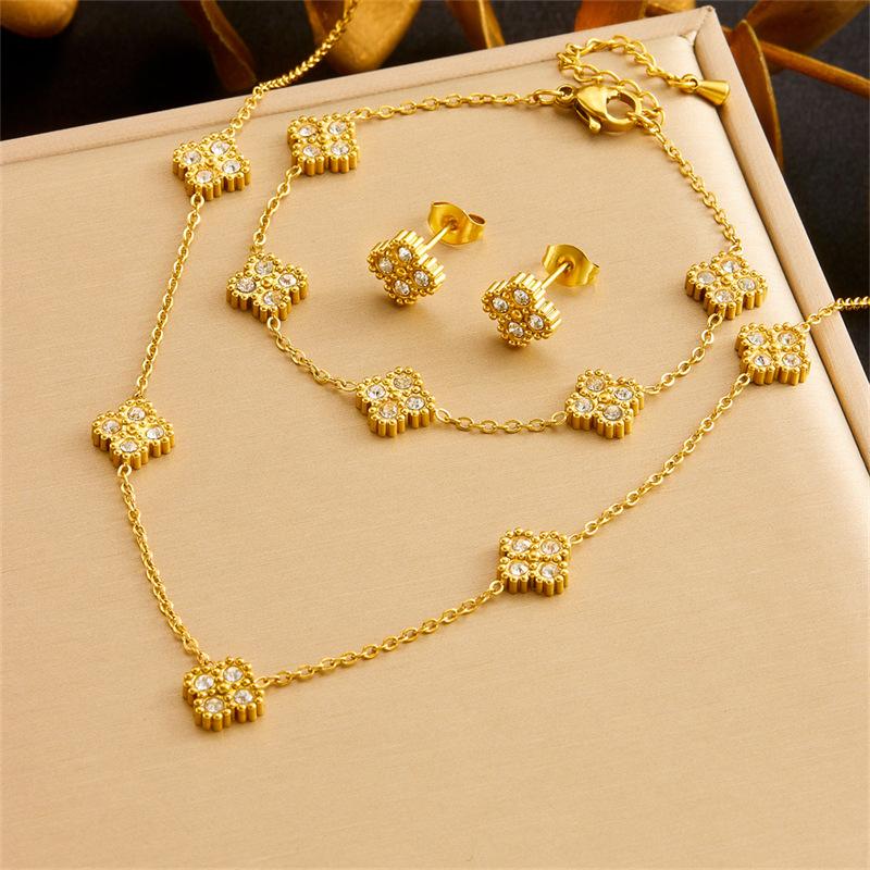 Gold Plated Clover Necklace Earrings Set Cubic Zirconia Love Pendant Jewelry золотой