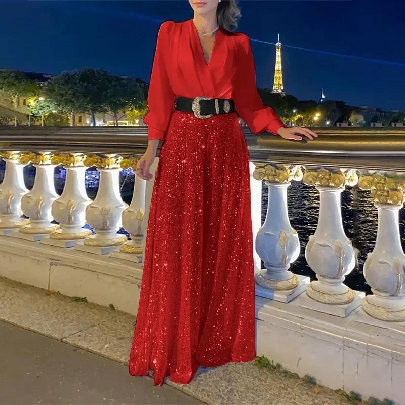 Women's Jumpsuit Fashion V-neck Long Sleeved Shirt with Elegant Temperament Slim Waist and Sequin Wide Leg Pants