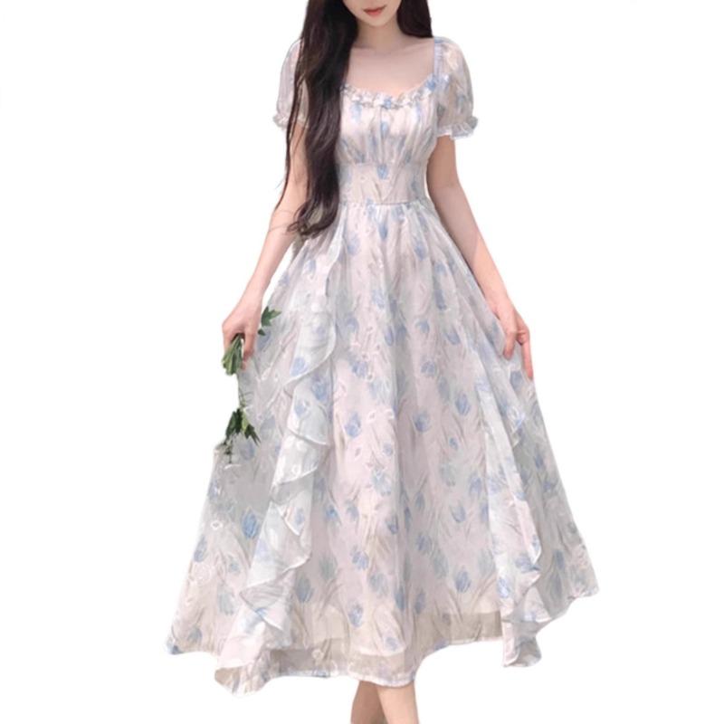 First Love French Square Collar Romantic Floral Chiffon Dress Women's Summer Large Size Temperament Waist Thin Fairy Dress