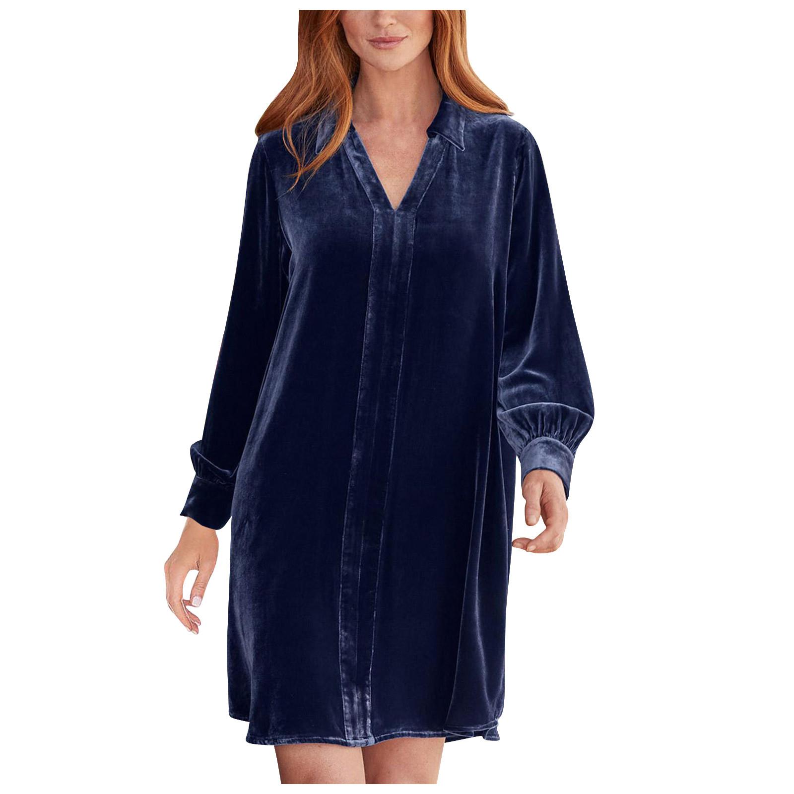 Женское модное однотонное повседневное платье с длинным рукавом и v-образным вырезом — фото 3