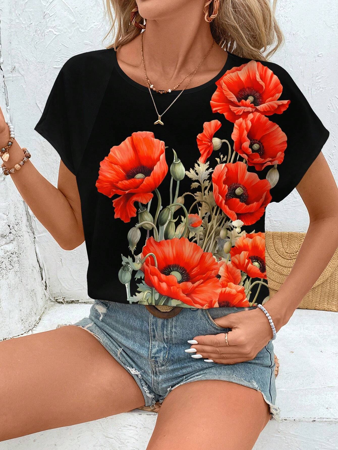 

Летний топ с круглым вырезом, 3D-принтом с цветочным узором, модная повседневная женская футболка с коротким рукавом XS