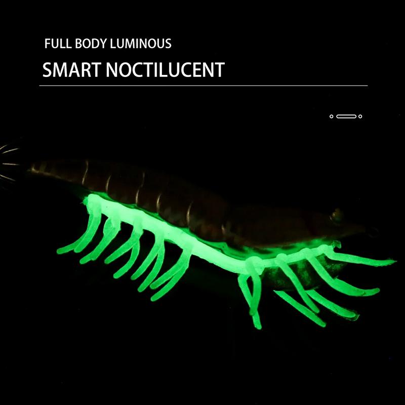 Night Glow Wooden Shrimp Squid Hook Soft Footed Bait with Sound Beads Fake Bait for Fishing