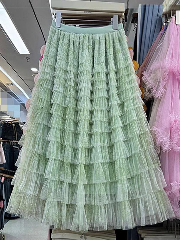 Verlaufender Retro Batik Mesh Tüll Midi Rock