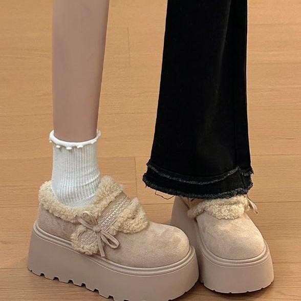 Wear bow-tied cotton shoes outside, winter platform cotton shoes, thick soles are high, warm and high snow fluffy shoes are high