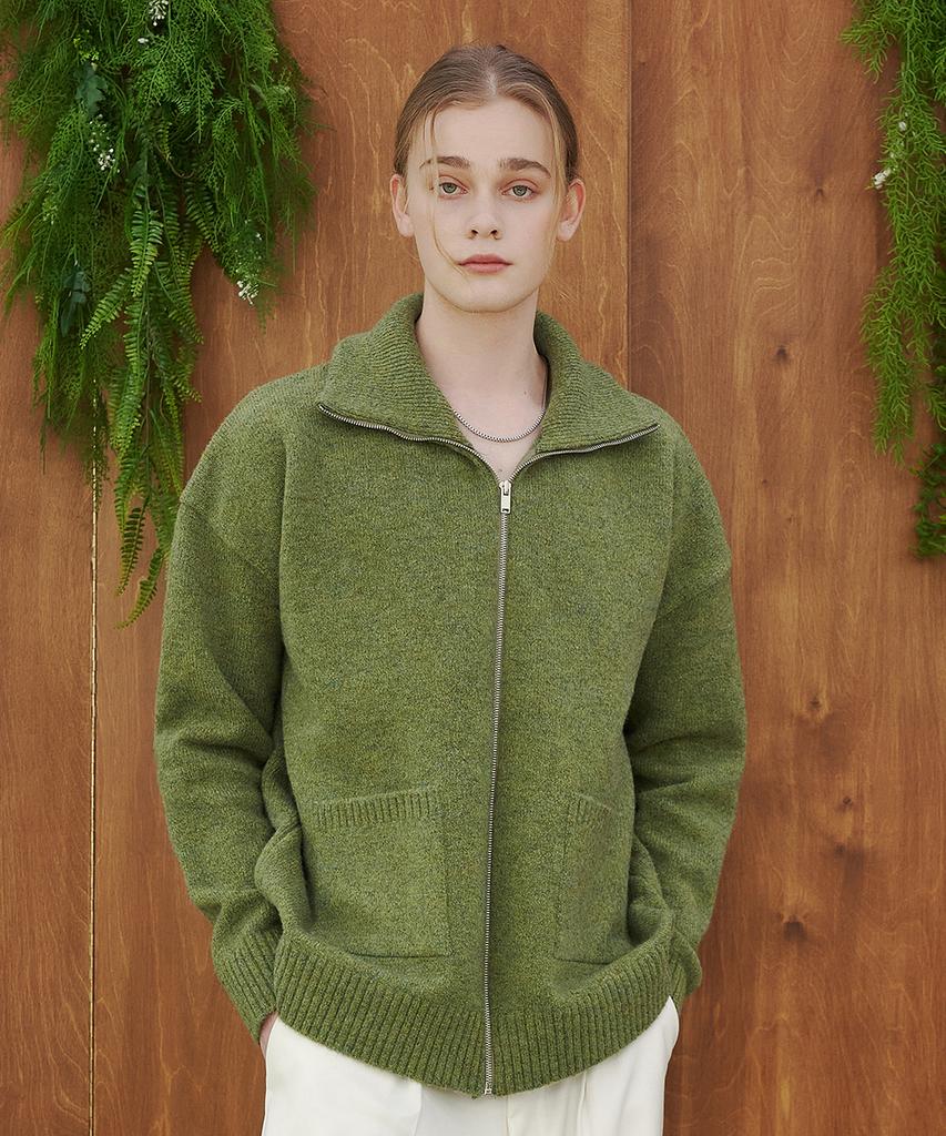 Blond9 Wool Boucle Full Zip Cardigan_Forest Green