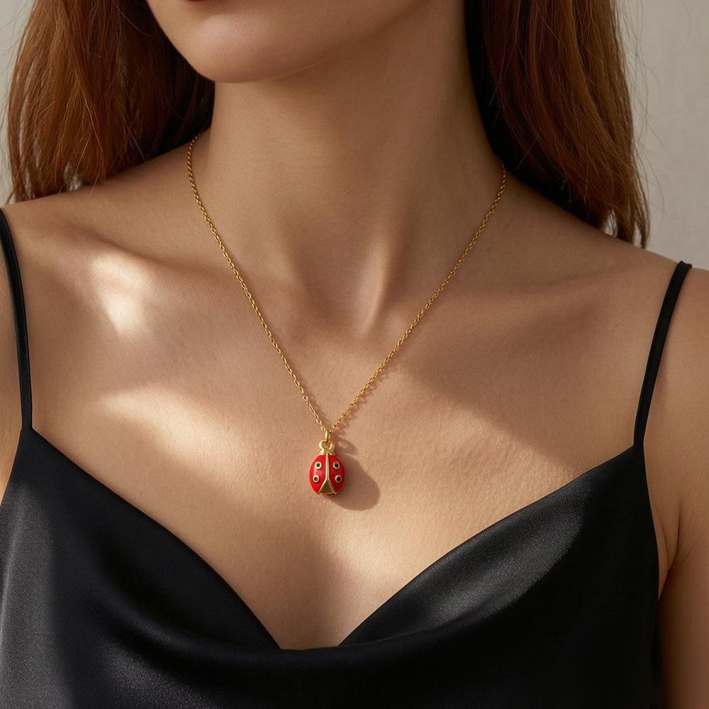 French Red Enamel Ladybug Necklace: Cute Insect Design Clavicle Chain