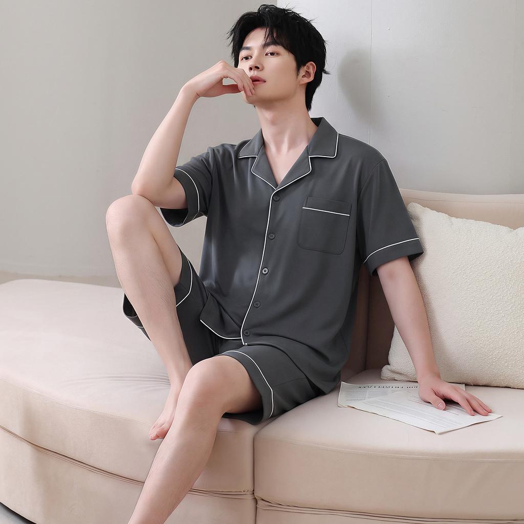 Summer men's pure cotton pajamas short-sleeved five-point pants loungewear men's summer thin plus size suit
