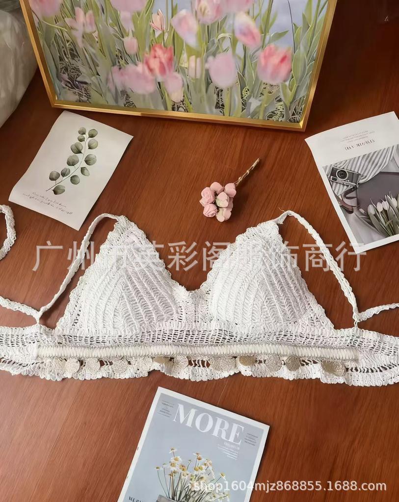 Seaside vacation new sexy vacation top lace-up knitted suspender beach hollow backless tube top short vest
