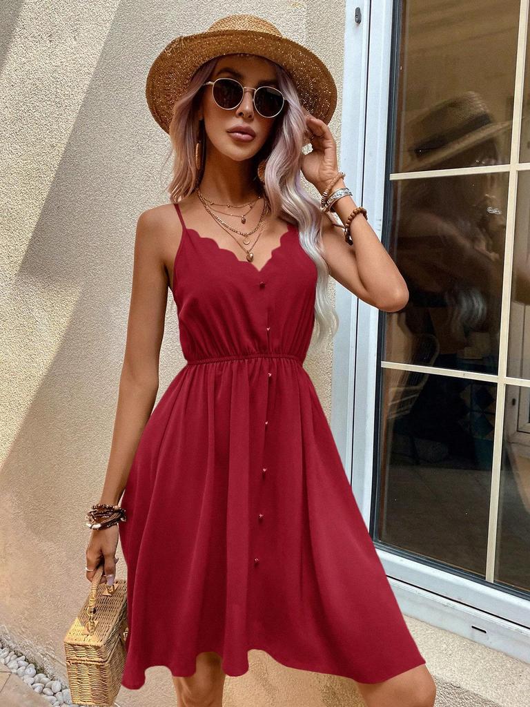 2026 V-neck Faux Button Spaghetti Strap Dress - Women's European & American Style with Lace Detailing, Comfortable & Casual