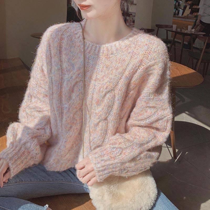 Damen Flauschiger Mehrfarbiger Lässiger Pullover: Herbst/Winter Dicker Strickpullover