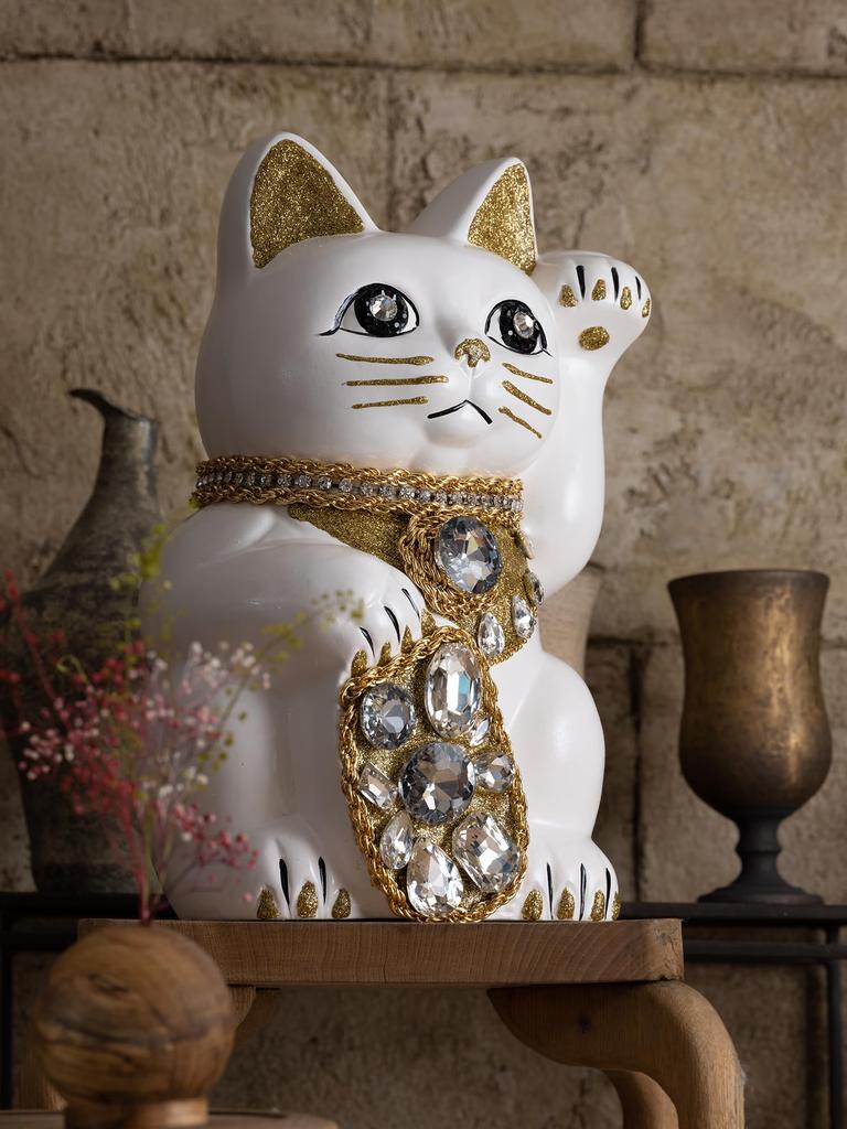 Lucky Cat Jewelry Cat Left Paw Raised Ceramic Lucky Cat Maneki Neko Feng Shui Ornament Offering Box (L-SIZE White) / - (Lucky Cat) - - (jw_L White)