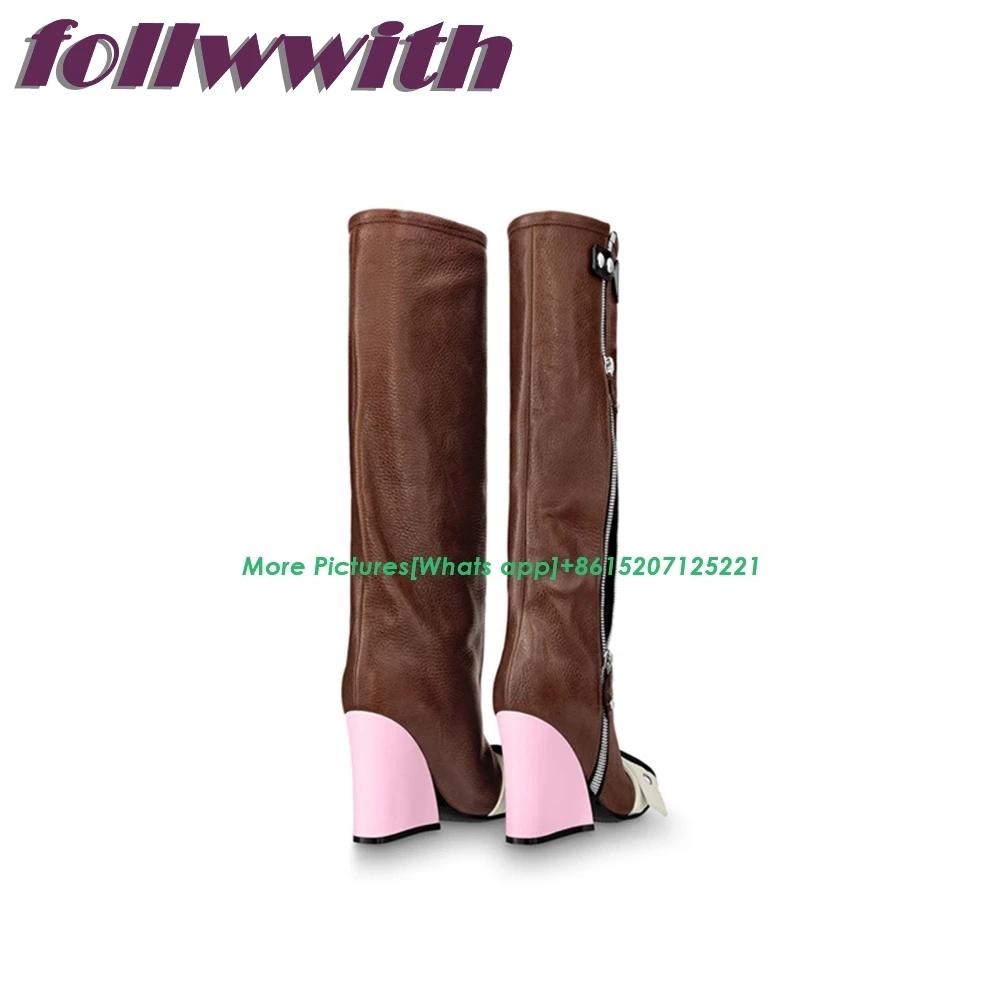 Fashion Patchwork Runway Winter Woman Booties Wedges Knee High Side Zipper Fashion Modern Newest 2025 Shoes Hot Sale Mixed Colors
