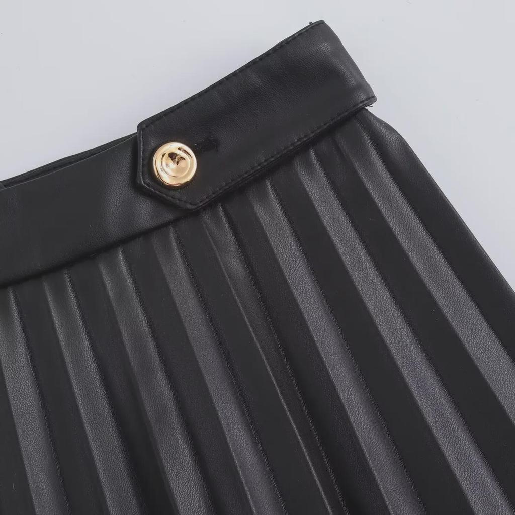 2024 European & American Style A-Line Black PU Pleated Skirt for Women - Perfect for Autumn/Winter