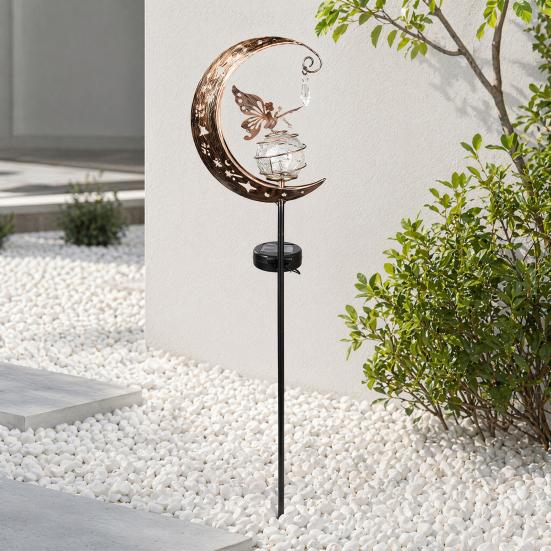 Fairy Moon Solar Garden Stake Light, Waterproof Half Moon LED Pathway Decor, Crackle Glass Ball LED Light, Metal Crescent Lamp for Outside Yard Patio