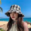 1pc Summer Contrasting Color Plaid Drawstring Bucket Hats Women Outdoor Hiking Sun Protection Versatile Caps for Beach Tralve