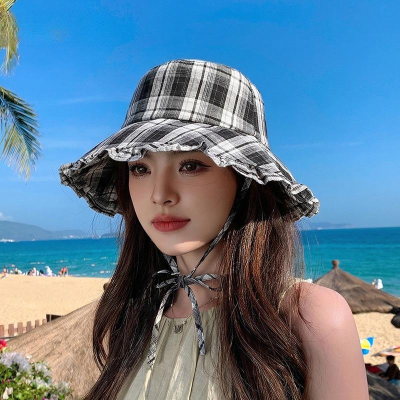 1pc Summer Contrasting Color Plaid Drawstring Bucket Hats Women Outdoor Hiking Sun Protection Versatile Caps for Beach Tralve