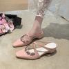 Flat Inside Heightener Slippers Autumn New Square Toe Shallow Slip Rhinestone Buckle Cross Strap Hollow-out Wrapped Shoes
