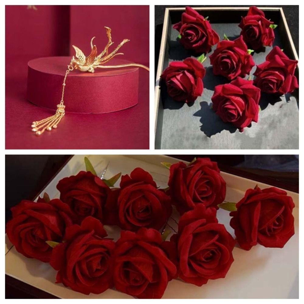 Sweet Rose Hair Forks Chinese Style Bride Flower Side Clips Golden Phoenix Hairpin  Women