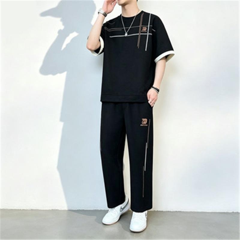 Men's 2-in-1 Summer Tracksuit Ice Silk Short Sleeve Tee Straight Pants Casual Streetwear Outfit