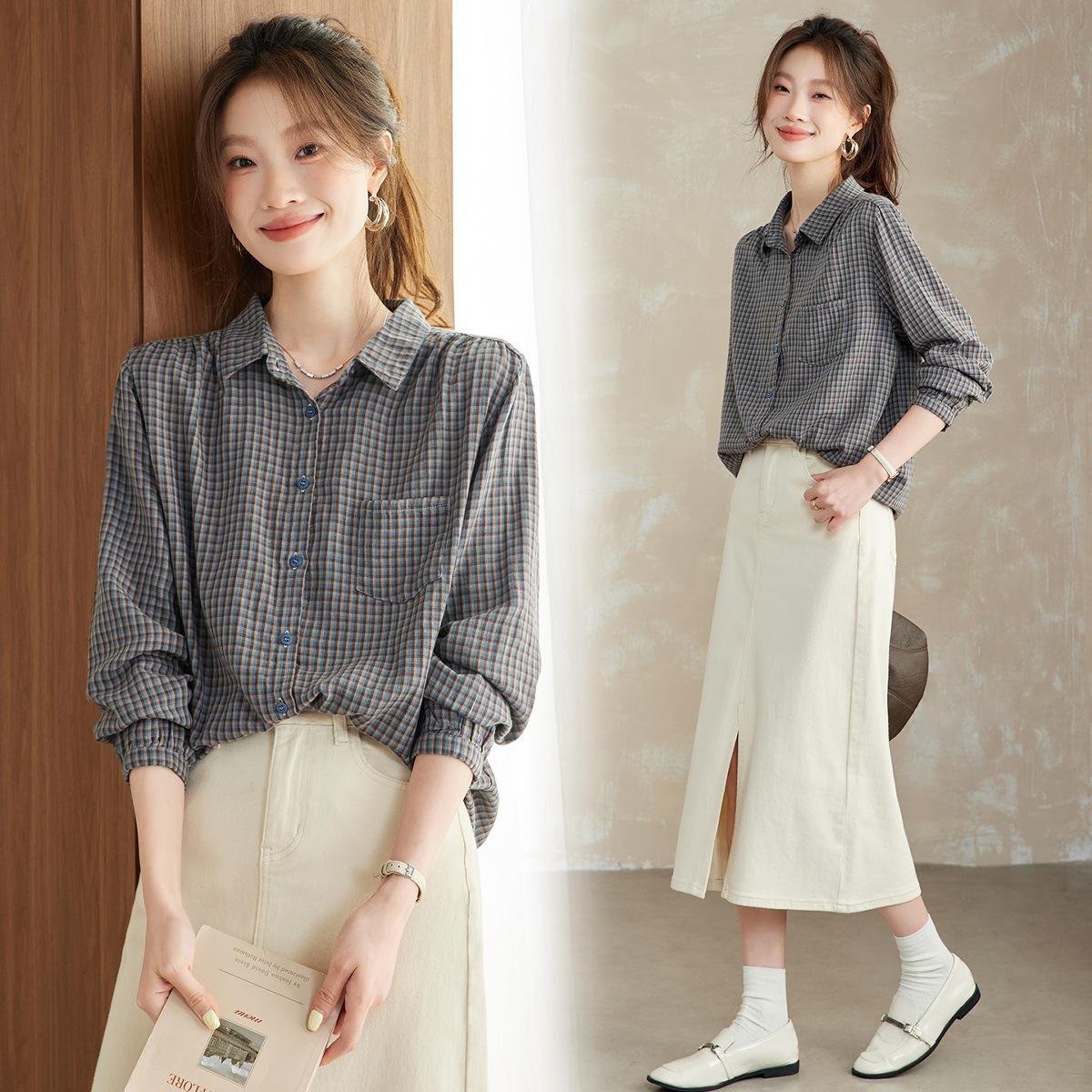 

Women s Retro Check Long Sleeve Shirt - Autumn 2025 Collection Large темно-зелений колір