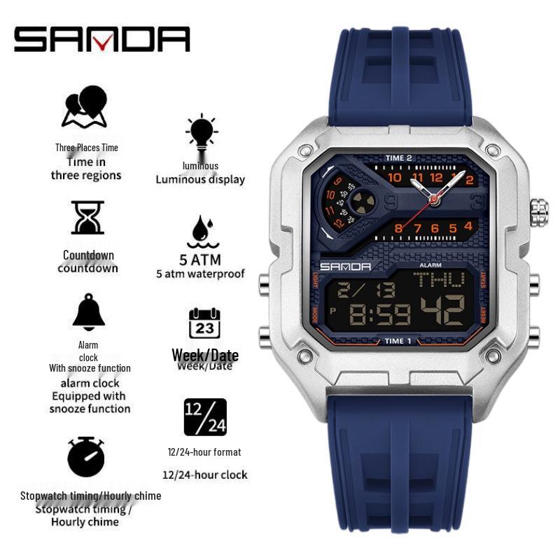 SANDA Men's Luxury Quartz Watch - Steel Band, Waterproof, Three-Time Zone, Versatile for Casual and Workplace Wear.