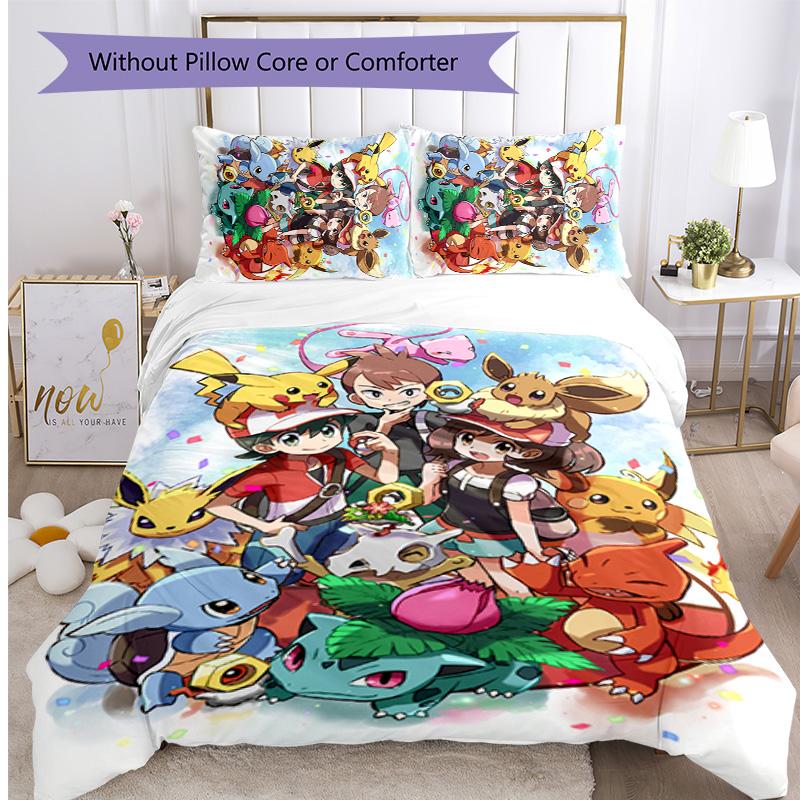 Pokémon Pattern Printed 3PCS Bedding Set, Soft Skin-Friendly Washable Duvet Cover & Pillowcases Set