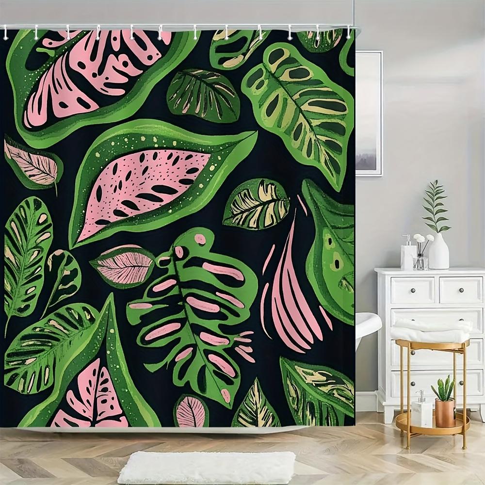 Monstera Leaf Shower Curtain 1pc – Green Pink Tropical Leaves on Dark Background for Modern Bathroom Decor