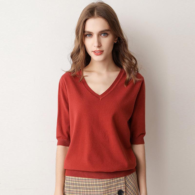 Spring Summer Women T-shirt Short Sleeve Sweater Knitted Sweater V-Neck Loose Short Sleeve Undershirt T-shirt