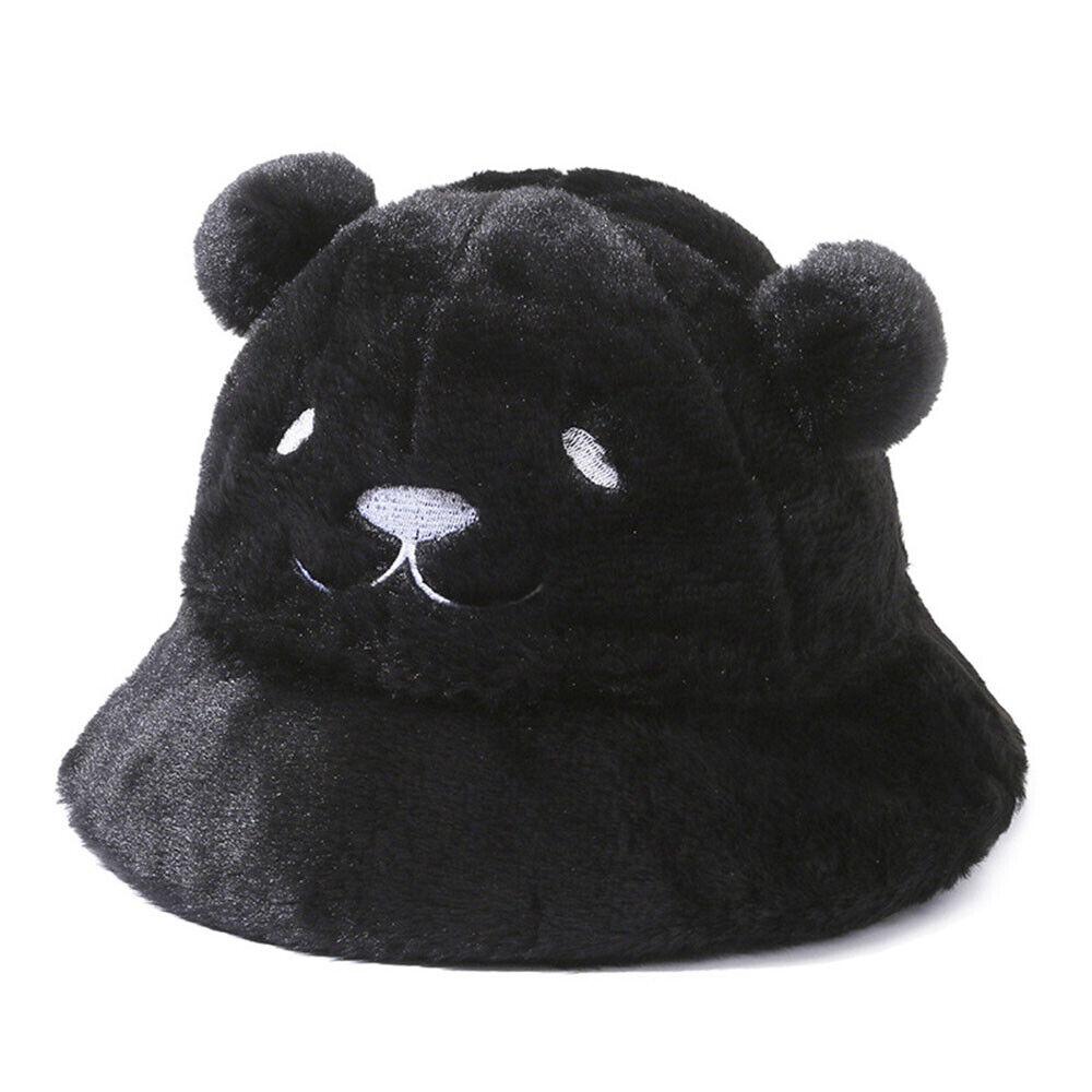 

Женская рыбацкая кепка с мультяшным медведем, панамская кепка, плюшевая шляпа-ведро, зимняя теплая чёрный