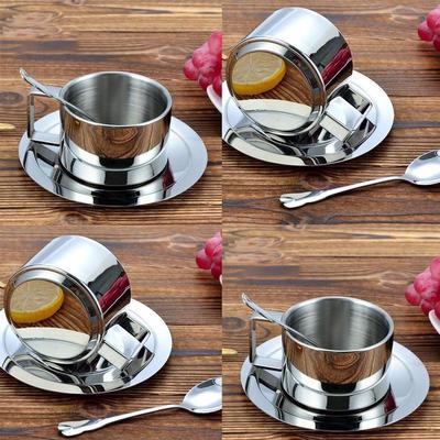 Neues Edelstahl-Kaffeetassen-, Untertassen- und Löffel-Set, Kaffeebecher-Geschenke