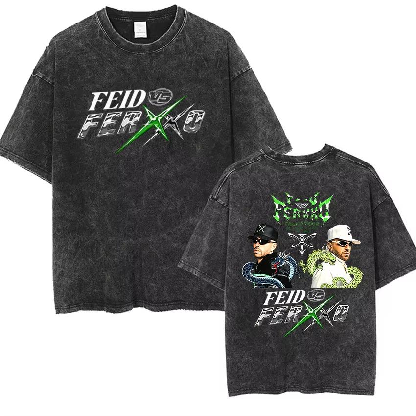 Mens Tshirt Retro Washed Feid Vs Ferxxo Tour Logo Merch T Shirts Mens Gothic Fashion Cotton Tee Hip Hop Streetwear