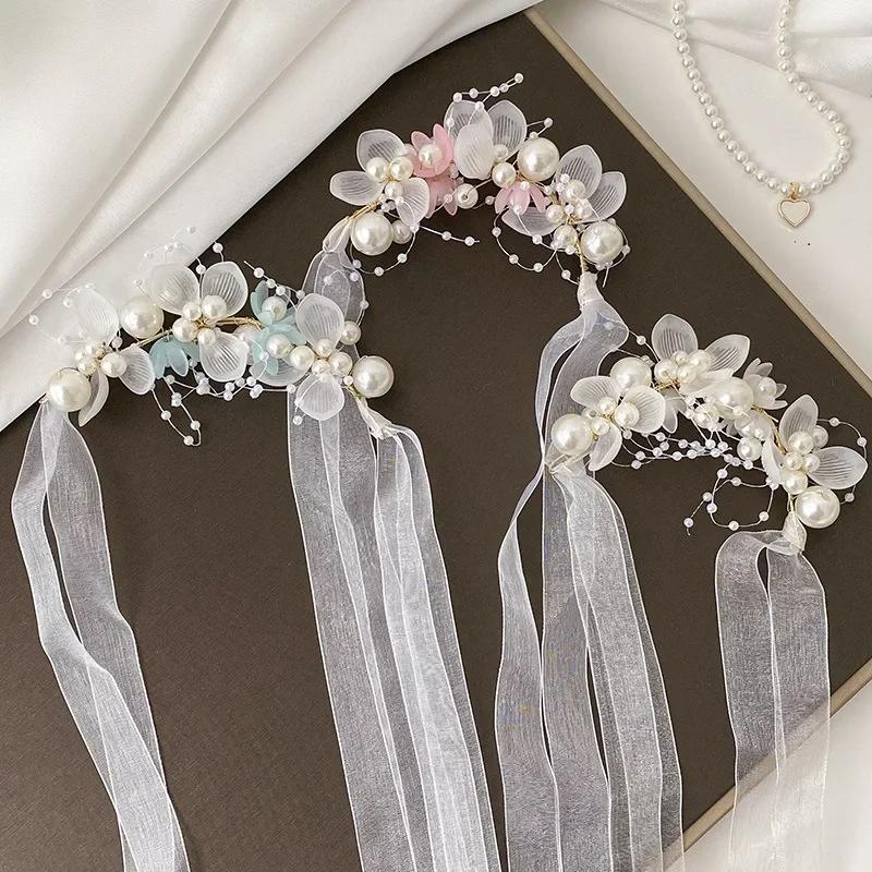 Spring Bohemian Girls Bridal Pearl Hair Headdress Flower Wreath Bride Garland Head Hoop Headbands Hair Jewelry Children Gifts