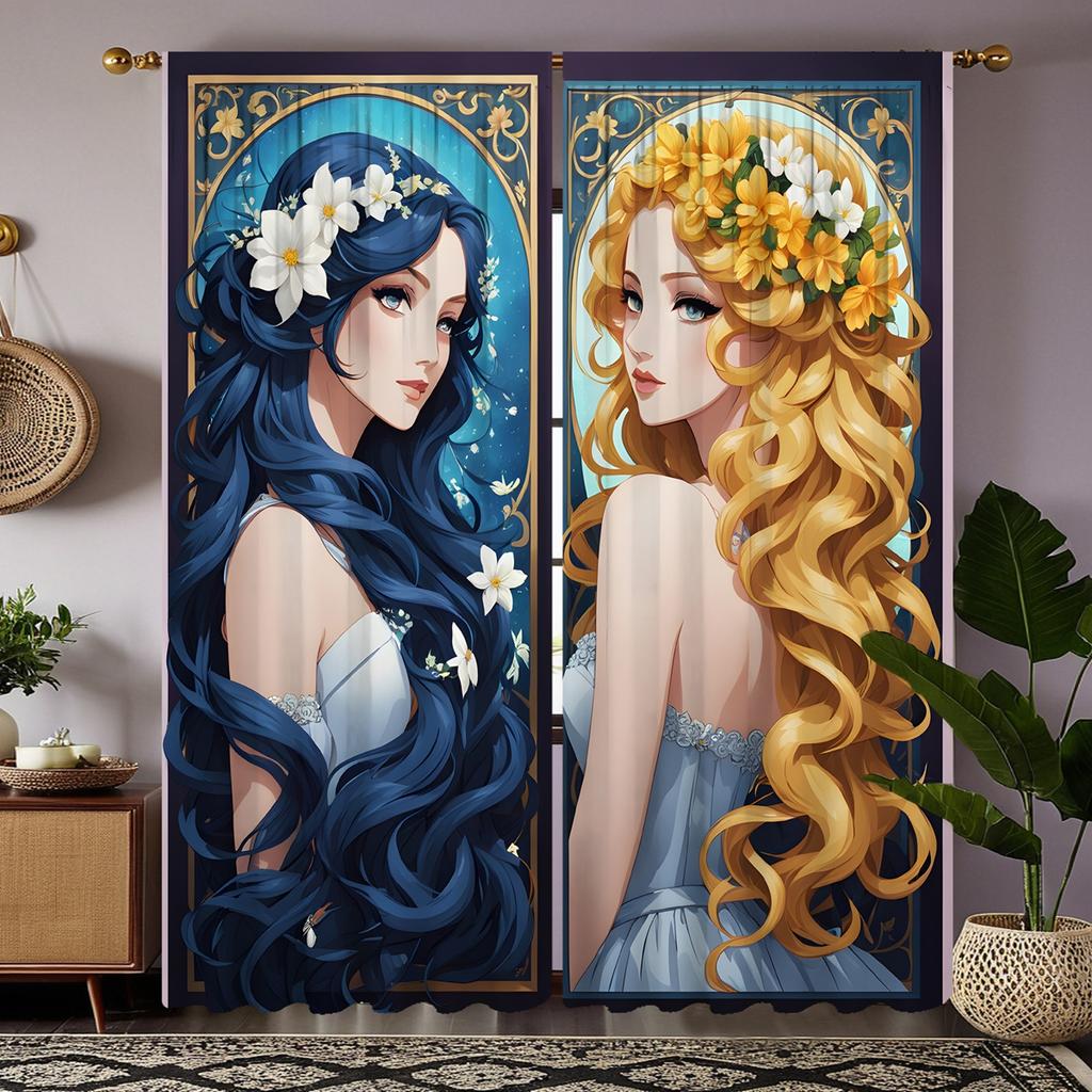 Set Of 2 Hd Retro Cartoon Curly Girl Decorative Curtain Blue Tie Digital Printed Home Decoration Style Decorated Livi Made Polyester