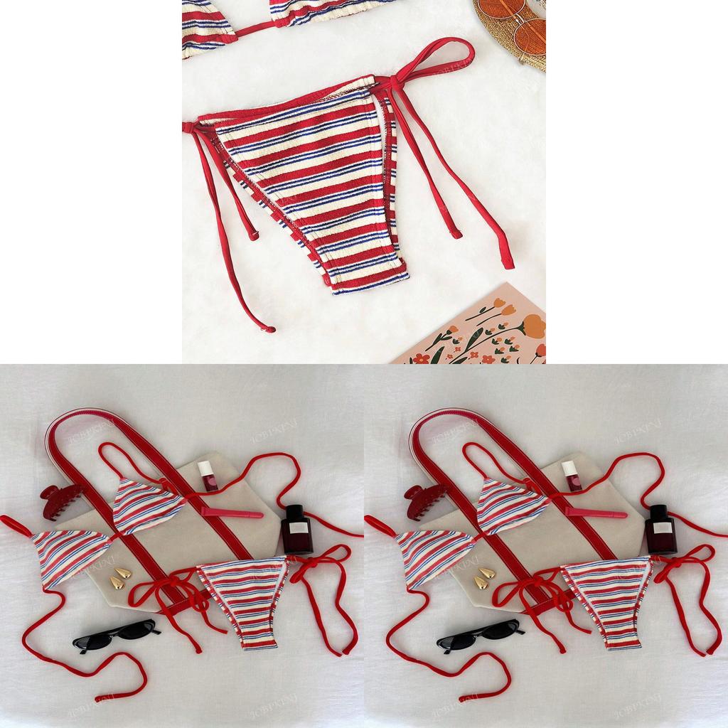 Polyester Striped Low Waist Bikini Set With Ties For Water Sports Women