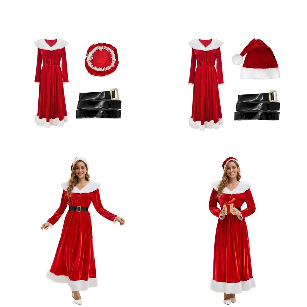Women Elegant Velvet Long Dress With Hat And Belt For Christmas And Holiday Events