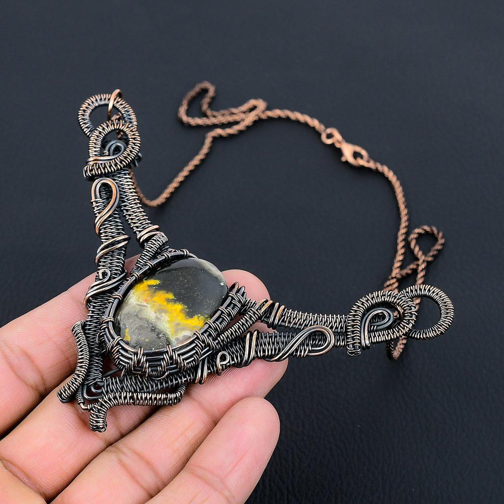 Bumblebee Jasper Gemstone Pure Copper Wire Wrapped Handmade Necklace Jewelry For Gift